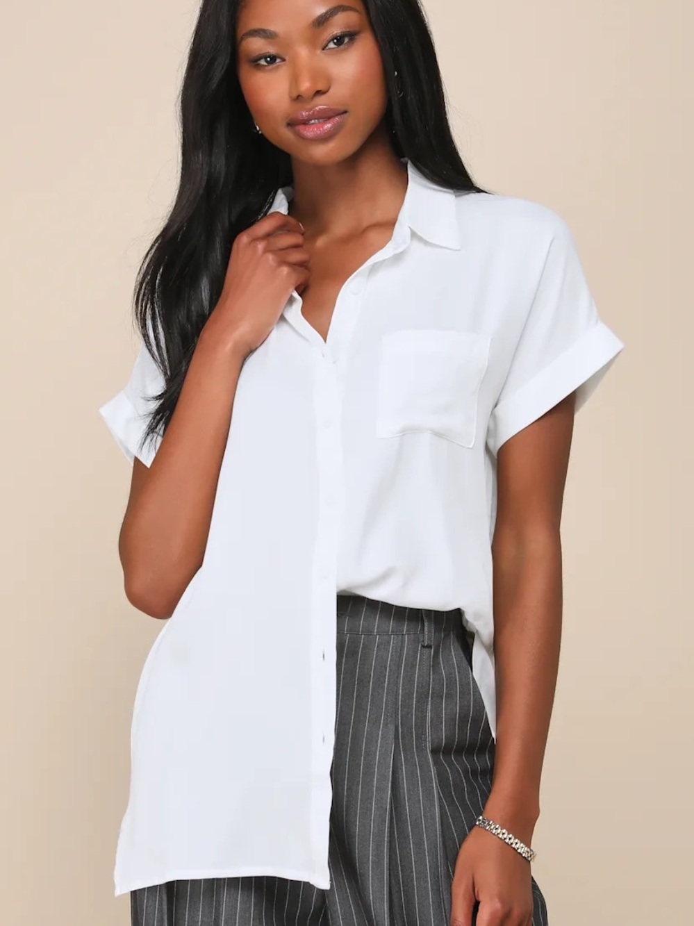 Lulu’s Blythe White Short Sleeve Button-Up Blouse